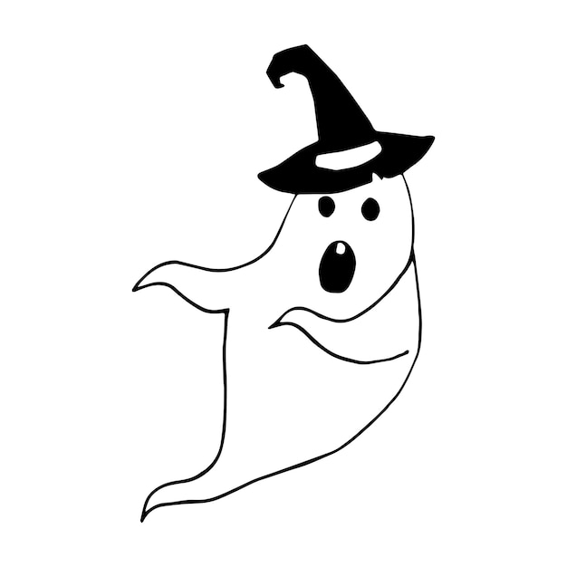 Hand drawn doodle ghost in witch hat Vector cute and funny spirit Outline