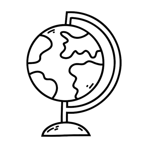 Icona del globo di doodle disegnato a mano illustrazione dello schizzo vettoriale della mappa del globo del mondo della sfera terrestre con profilo nero per la stampa del logo di progettazione dei bambini della pagina da colorare