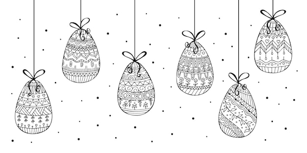 Hand drawn doodle hanging easter eggs vector easter eggs with bows outline easter zentangle