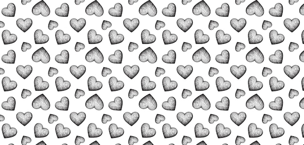 hand drawn doodle Hearts shape black line seamless pattern heart on white Abstract background