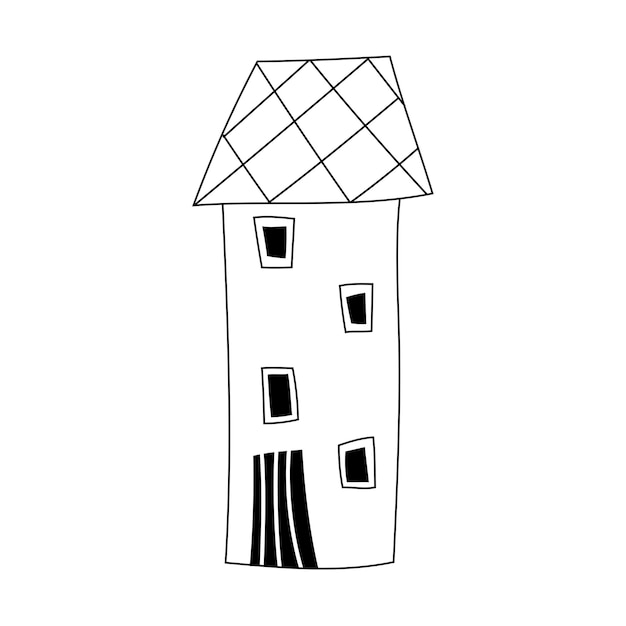 Ручной рисунок дома с прямоугольными окнами и черной дверью для детских отпечатков на ткани векторная иллюстрация