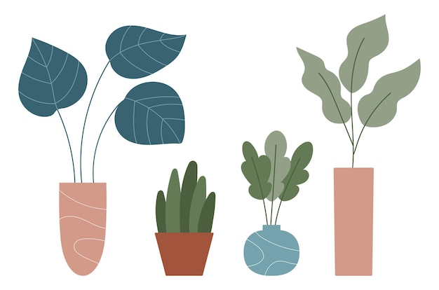 Hand drawn doodle houseplants in pots and vases