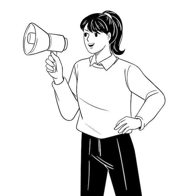 hand drawn doodle illustration of happy woman scream into megaphone