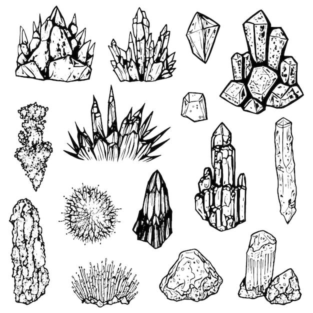 Hand drawn or doodle illustration set crystals or gems on white background symbols collection with gemstones quarts minerals diamonds