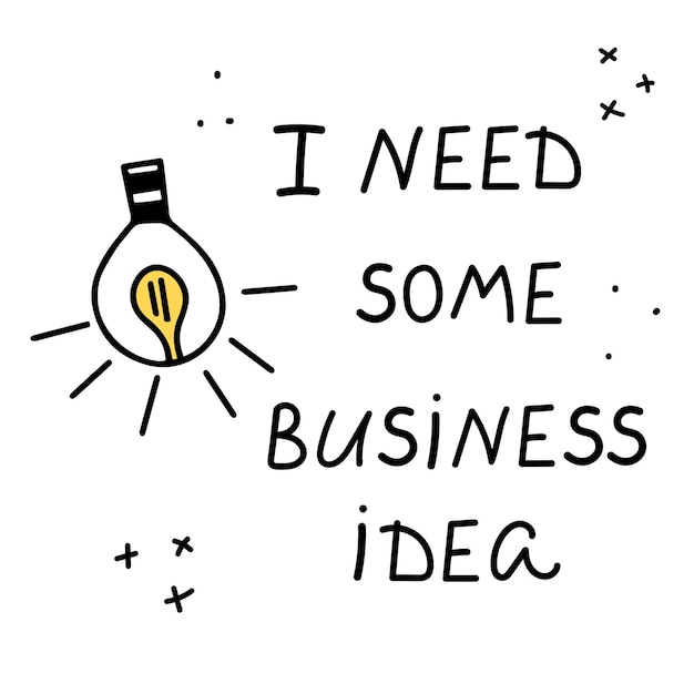 手描き落書きイラスト ランプとレタリング「ビジネス アイデアが必要」