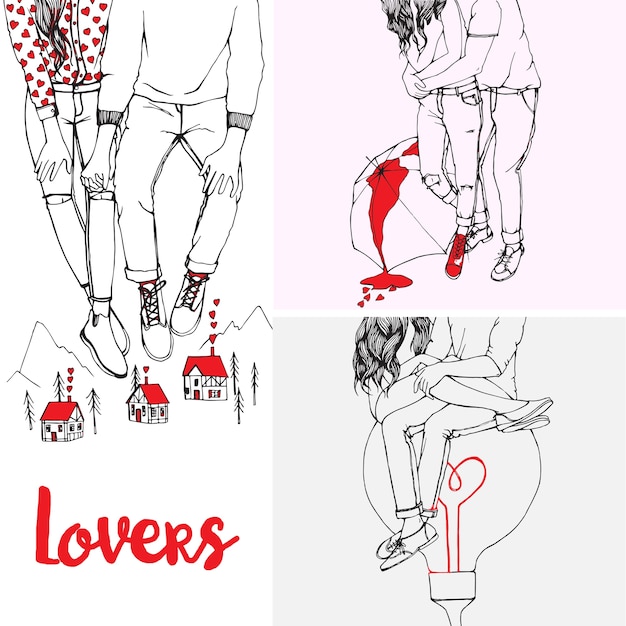 Vector hand drawn doodle illustrations of lovers couples