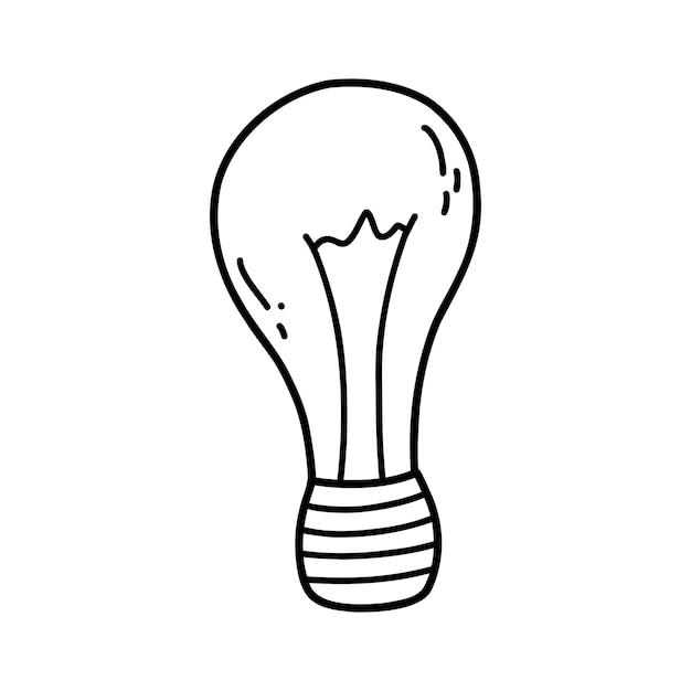 Icona della lampadina del doodle disegnata a mano illustrazione dello schizzo vettoriale del simbolo dell'idea del contorno nero per la stampa del logo del design dei bambini della pagina da colorare