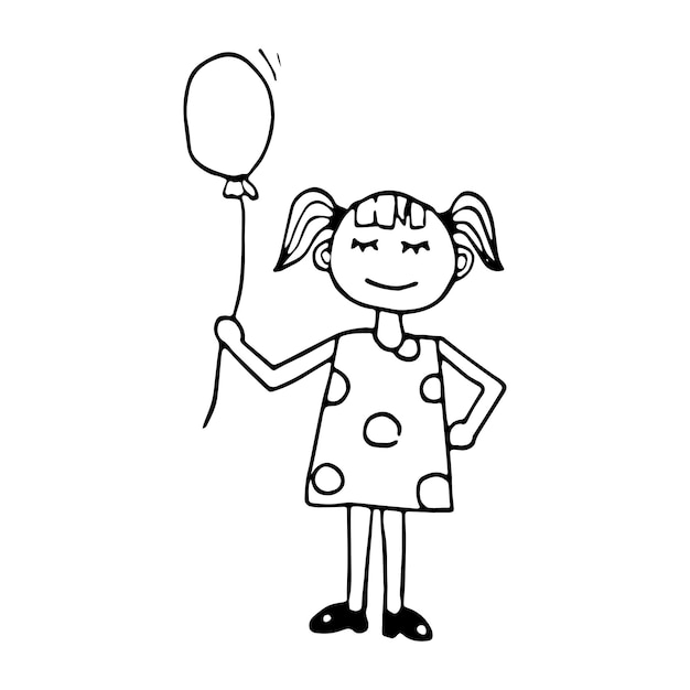 Hand drawn doodle little girl with a balloon Black and white cute kid Outline