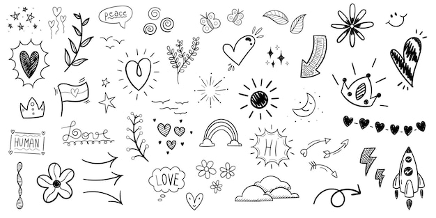 Ручной рисунок каракули любви дизайн Сердца любовь и элементыВеб