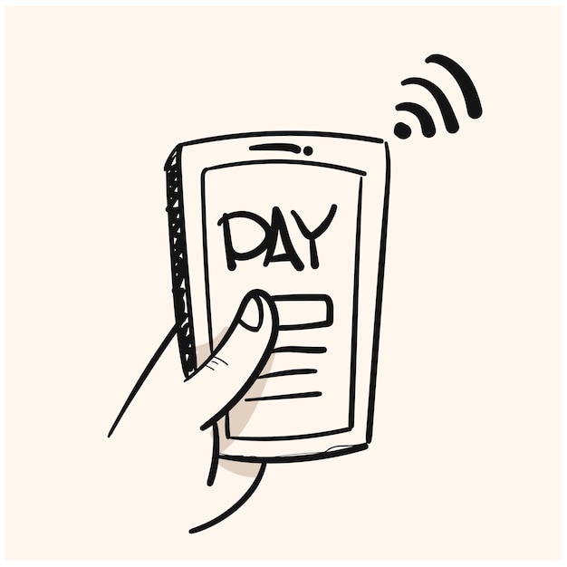 Ручной рисунок мобильного платежа с изолированным вектором иллюстрации смартфона