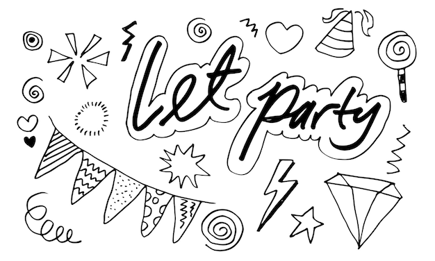 Hand drawn, doodle party set isolated on white background.Sketch icons for invitation.