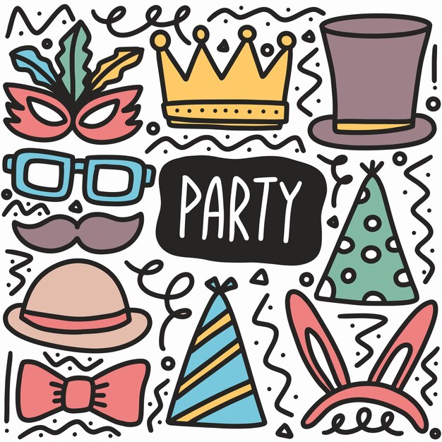 Hand drawn doodle party with icons and design elements