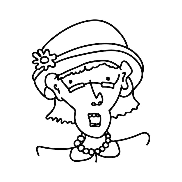 Hand drawn doodle portrait of elderly woman in hat. Cheerful grandmother in glasses and beads