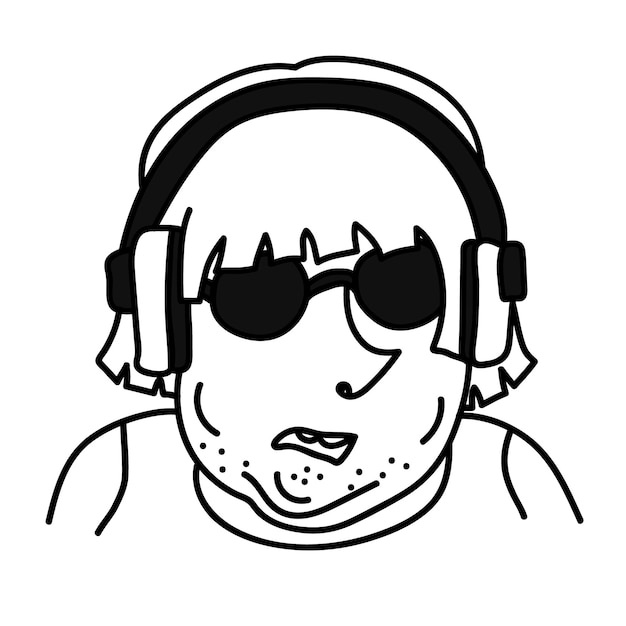 Vector hand drawn doodle portrait of a speaking fat man with bristle. person with headphones and glasses