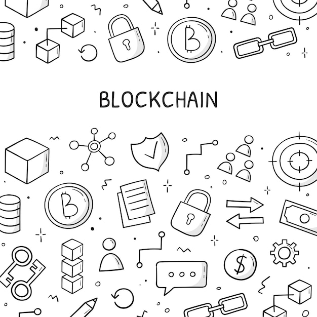 Set di doodle disegnato a mano di elementi blockchain modello di progettazione concetto di tecnologia finanziaria in stile schizzo illustrazione vettoriale per la progettazione di poster con cornice banner