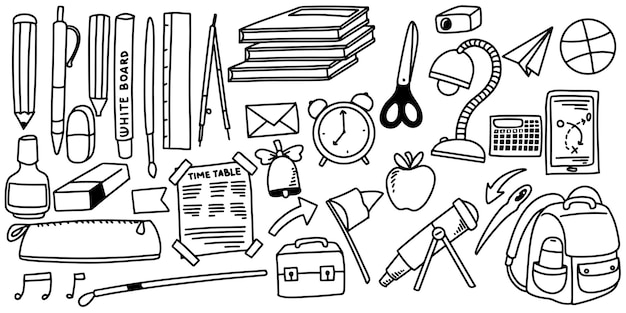 Vector hand drawn doodle set element with pen ruler lamp book bag note and stationery for back to school education theme