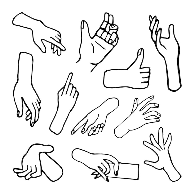 Vettore insieme di doodle disegnato a mano dell'illustrazione di palme, mani. progettazione del concetto umano. segno di puntatore, gesto vettoriale