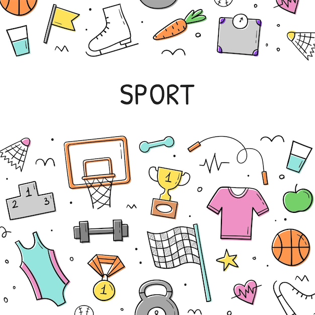 Hand drawn doodle set of Sports elements Design template Collection fitness objects and elements Sketch style Illustration for banner frame poster template