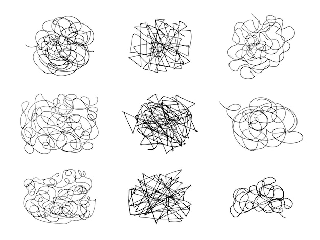 Vettore doodle disegnato a mano con scarabocchi astratti aggrovigliati linee caotiche casuali vettoriali collezione di scarabocchi