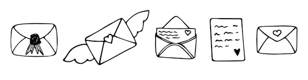 Hand drawn doodle set with envelopes and letters Envelope with postcard Letter with wings Envelope with wax seal Hearts Vector love cliparts Outline