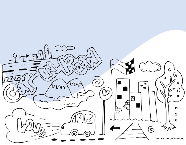 Set di scarabocchi disegnati a mano con auto divertenti alberi strade nuvole edifici montagne bandiere illustrazione vettoriale