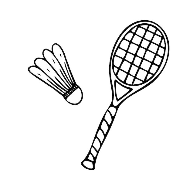 Volano e racchetta doodle disegnati a mano contorno dell'attrezzatura da badminton vettoriale