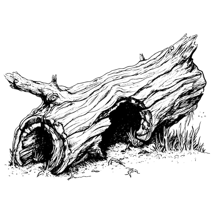 Vector hand drawn doodle sketch of single rotting hollow log over white background