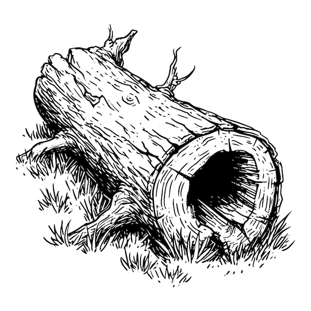 Vector hand drawn doodle sketch of single rotting hollow log over white background