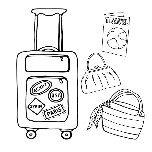 Hand drawn doodle sketch of wheeled travel suitcase with country stickers, beach straw womens bag with a knitted pea scarf, womens bag, map guide. Summer holiday vacation illustration, flat vector