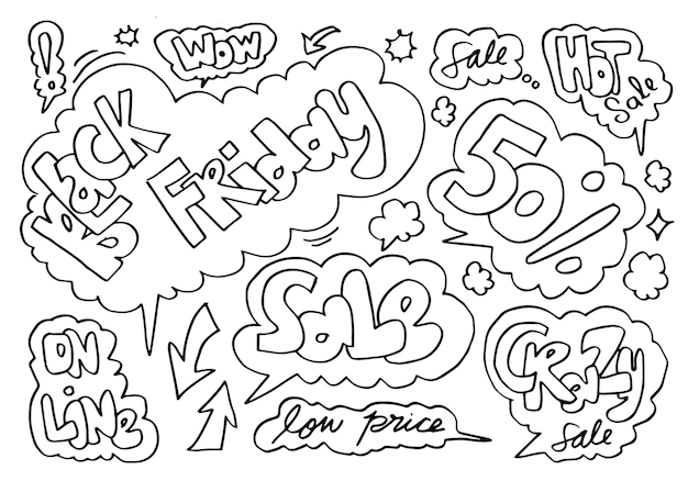 Vector hand drawn doodle speech bubbles set with sale elementsvector illustration