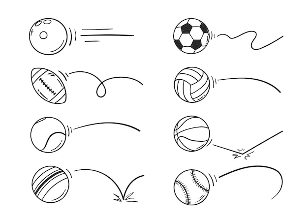 Вектор Ручной обращается каракули спортивный мяч отскок набор векторных иллюстраций