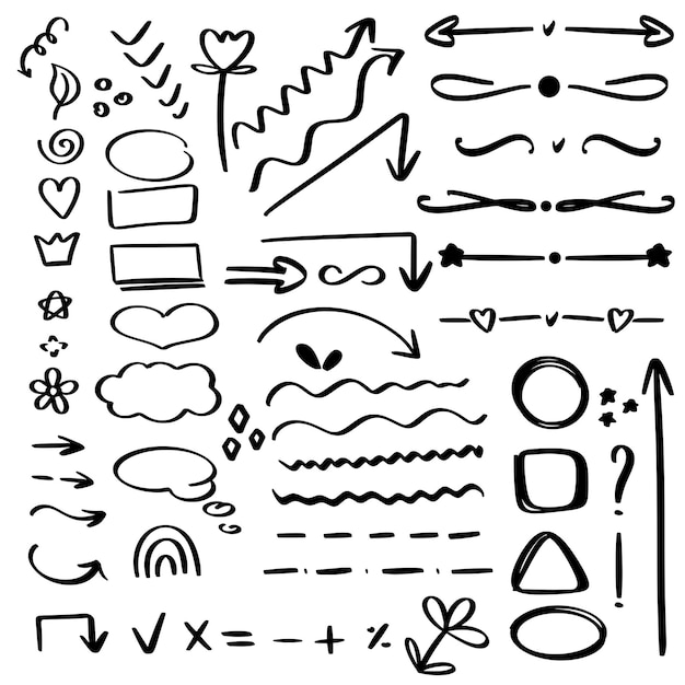 Vector hand drawn doodle style design elements arrows brush strokes markers signs and symbols isolated in b