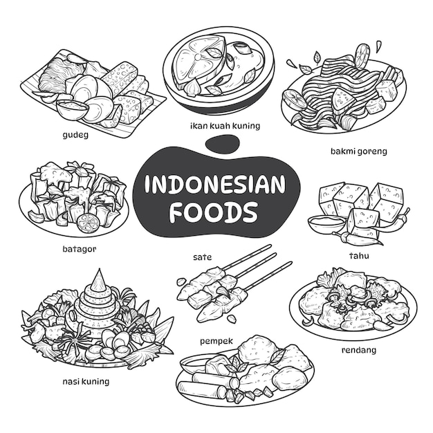 Hand drawn doodle style indonesian foods