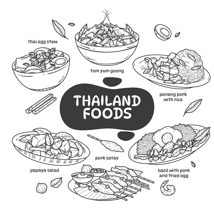 Vector hand drawn doodle style thailand foods