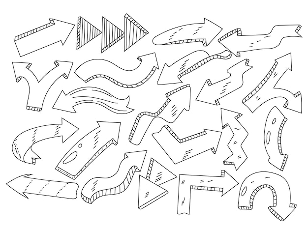 Вектор Векторные стрелки в стиле каракулей, нарисованные вручную на белом фоне.