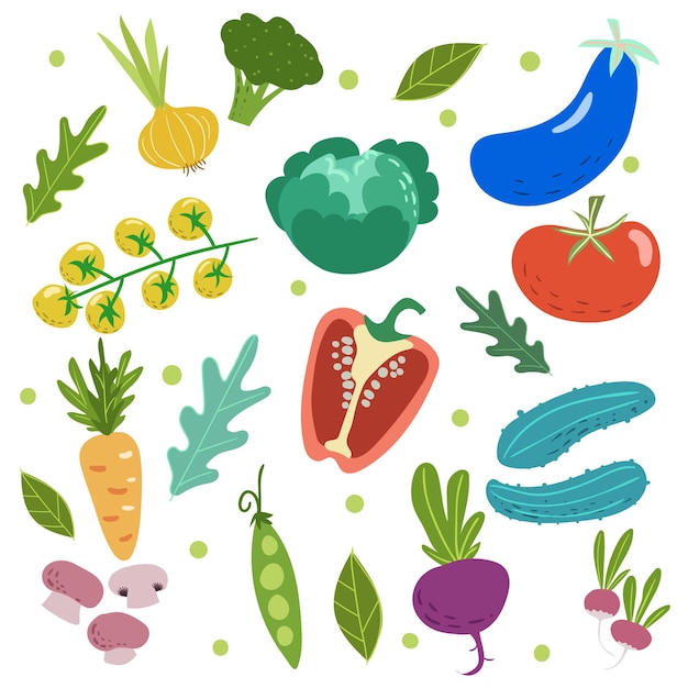 손으로 그린 낙서 스타일의 야채 세트입니다. 토마토, 양배추, 완두콩, 오이, 당근, 가지, 버섯 등 흰색 배경에 고립 된 벡터 일러스트 컬렉션입니다.
