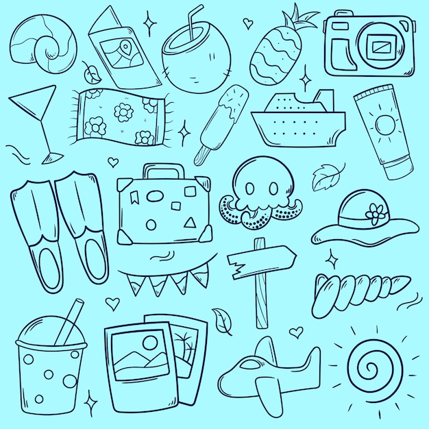 hand drawn doodle summer set collection