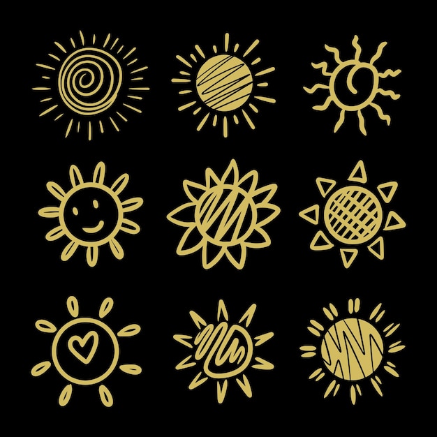 Vettore illustrazione di vettore dell'elemento di disegno del sole di doodle disegnato a mano