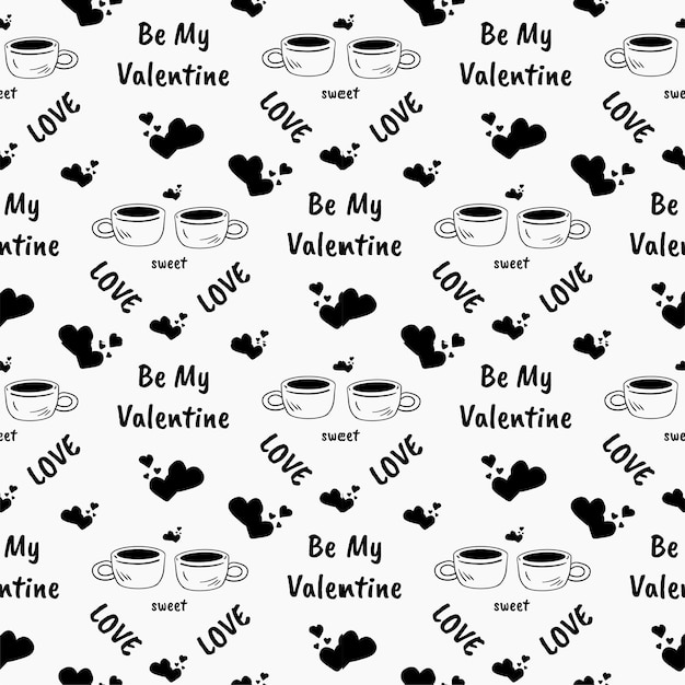 Hand drawn doodle two cups of tea or coffee with heart shape in Valentine's Day seamless pattern