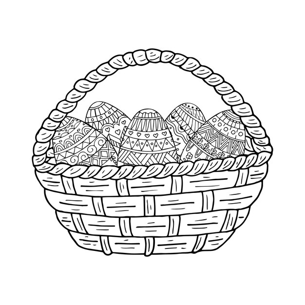 Hand drawn doodle wicker basket with easter eggs vector outline