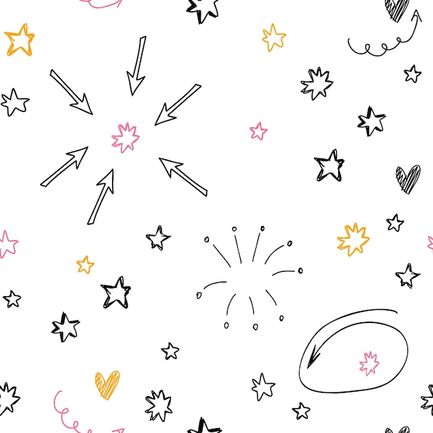 Hand drawn doodle with yellow, pink, black stars, abstract white seamless pattern. Cute vector