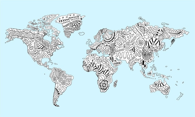 Mappa del mondo di doodle disegnato a mano con ornamento