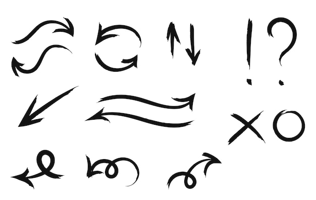 Scarabocchi disegnati a mano di frecce, punto esclamativo, punto interrogativo, croce e zero.