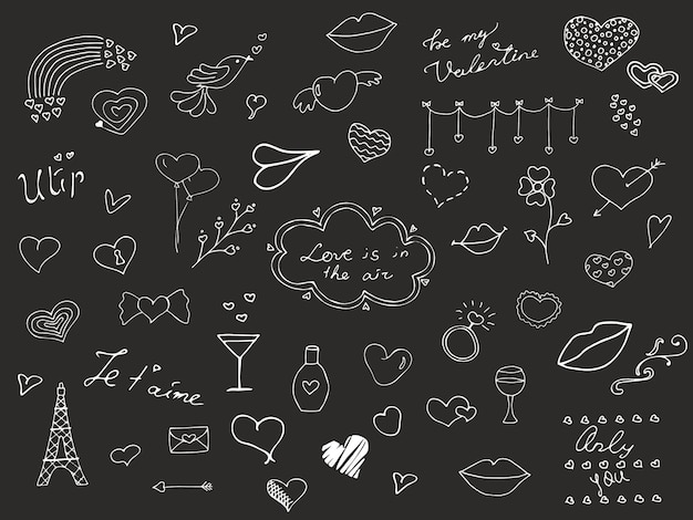 Hand-drawn doodles cartoon set of hearts,
valentine's day