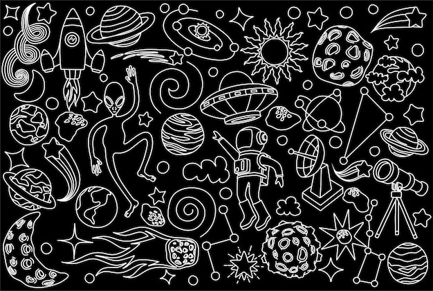 hand drawn doodles cartoon set of Space objects.