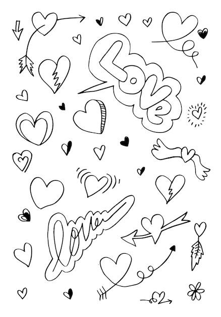 Vector hand drawn doodles set for valentine's day collection of beautiful hearts and writings love on white background vector illustration