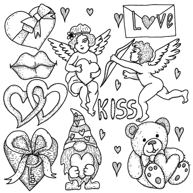 Vector hand drawn doodles valentine's day set vector illustrations couple in love hearts cupids gifts