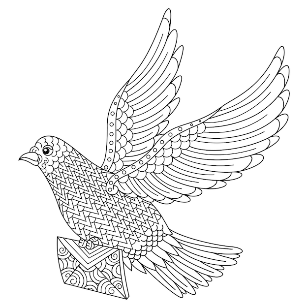 Hand drawn of dove bird in zentangle style