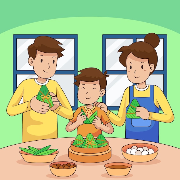 Vector hand drawn dragon boat family preparing and eating zongzi illustration
