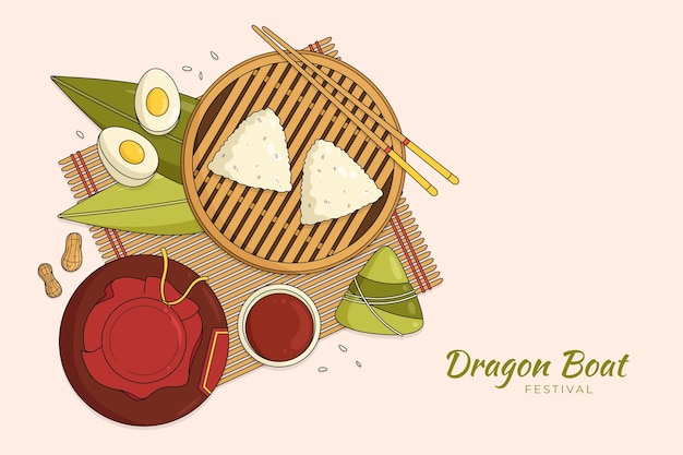 Vector hand drawn dragon boat's zongzi background